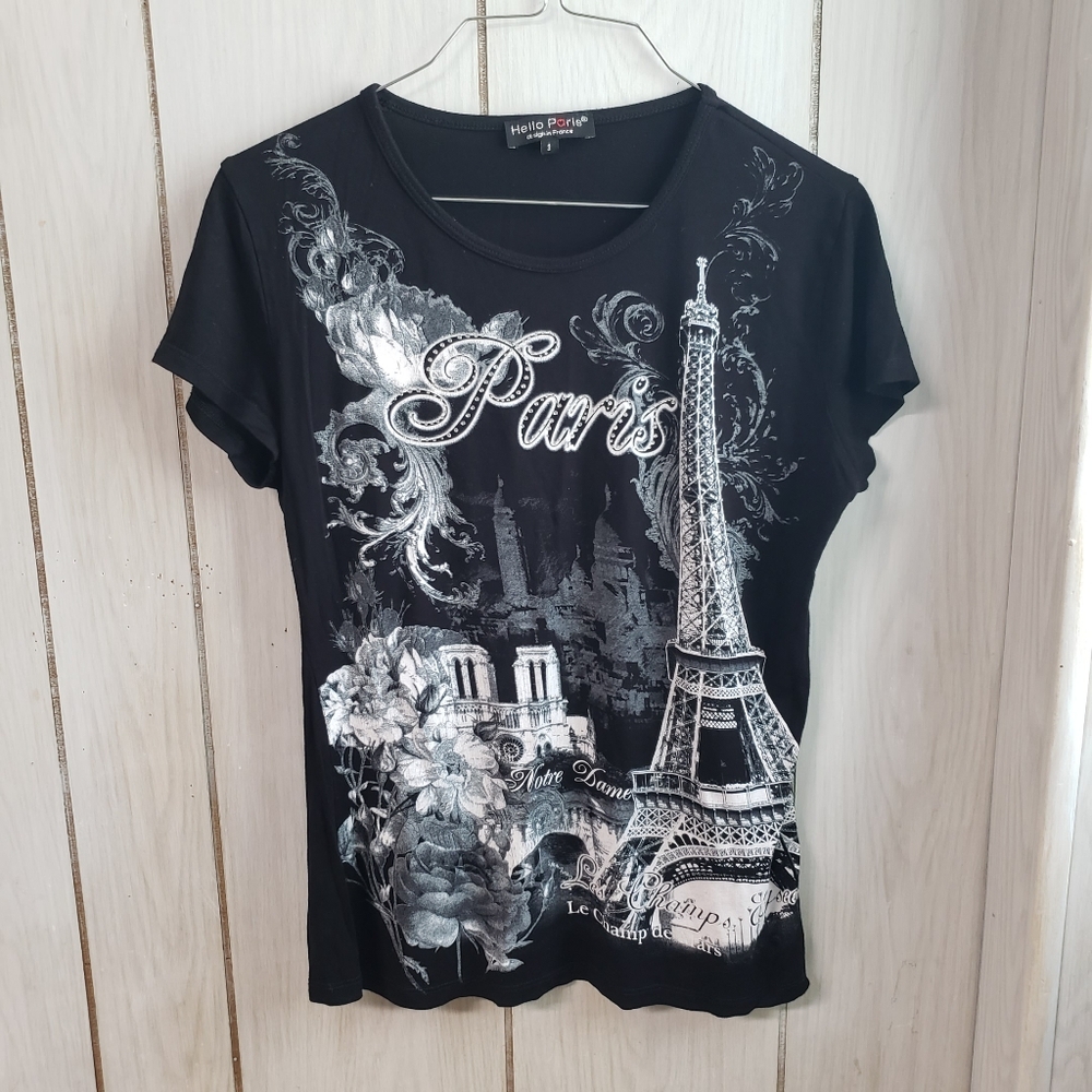 Vintage Hello Paris Embellished Rhinestone Black Top Eiffel Tower Y2K Blouse